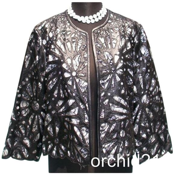 Cache Laser Cut Leather Lace Swing Jacket Top New Peek A Boo Black White $398 - Picture 6 of 6